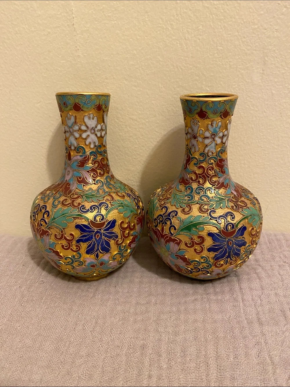 Hand-Painted Cloisonné Floral Vase Pair - Gold Multicolor